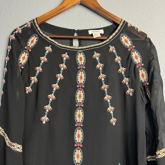 Sundance‎ Silk Embroidered Blouse XS Long Sleeve Black Sheer Boho Top Festival - Picture 3 of 15